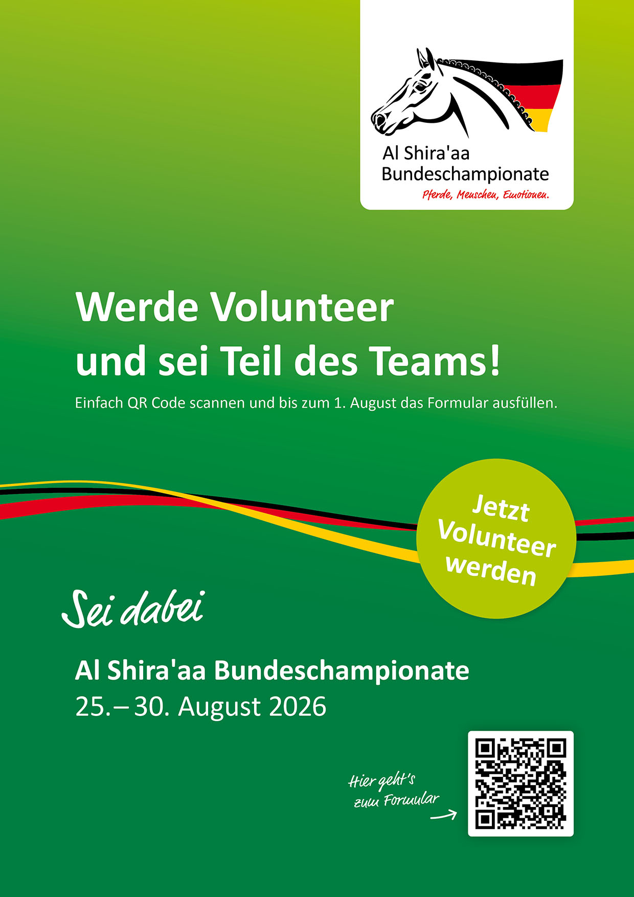 Werde Volunteer und sei Teil des Teams! Du möchtest Teil des Teams der Al Shira´aa Bundeschampionate 2026 werden? Dann melde dich jetzt unter folgendem Link oder QR-Code an!
